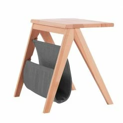 Massivholz Nachttisch Trio Mit Stoff-Ablage In Grau