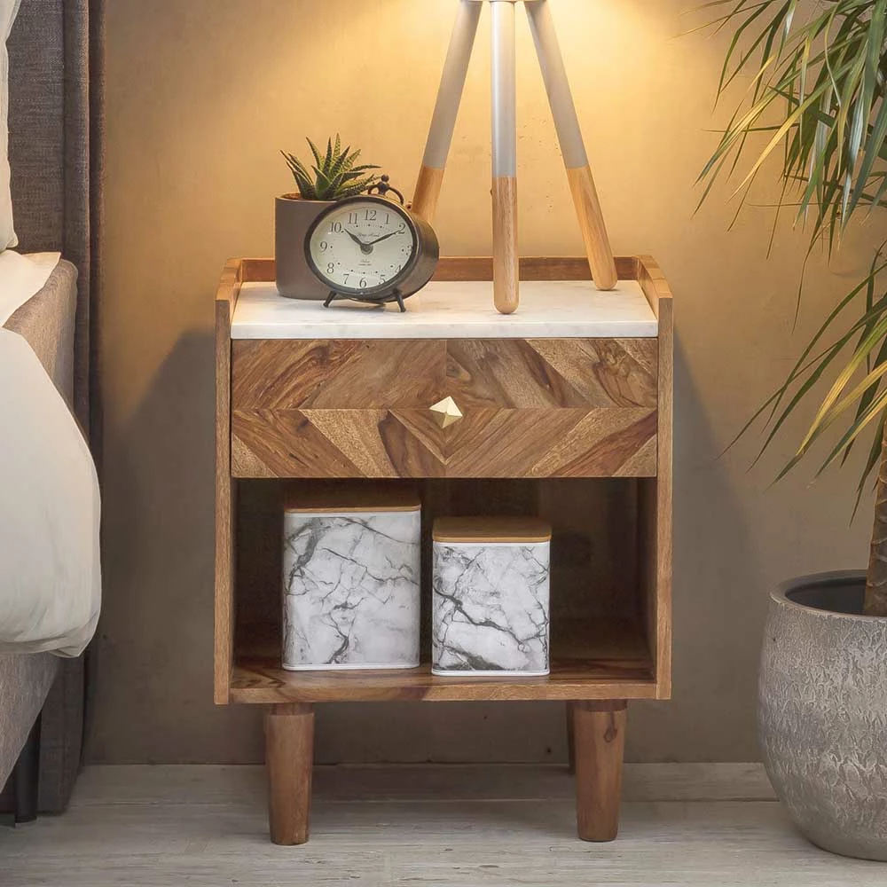 Retro Holz Nachtschrank Mit Marmor - Enjiva 4 Retro Holz Nachtschrank Mit Marmor - Enjiva – Bild 2