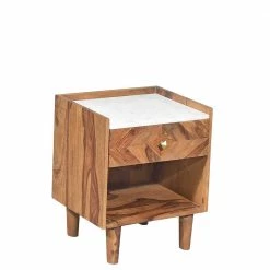 Retro Holz Nachtschrank Mit Marmor - Enjiva