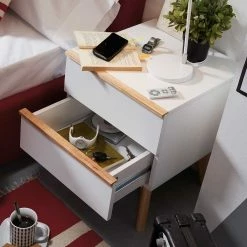 Retro Nachttisch Belice In Weiß Und Eiche Massiv -Clarendon shop retro nachttisch weiss und eiche massiv zwei schubladen 40cm breit 50cm hoch belice 06