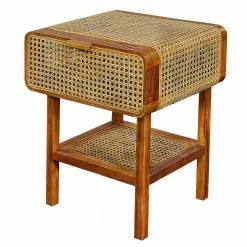 Teak Holz Nachtkommode Mit Wiener Geflecht - Teako