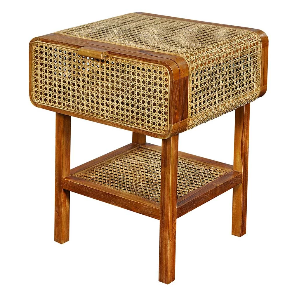 Teak Holz Nachtkommode Mit Wiener Geflecht - Teako 3 Teak Holz Nachtkommode Mit Wiener Geflecht - Teako
